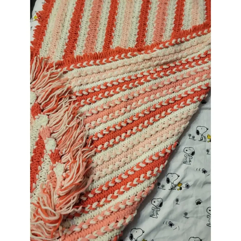 Handmade Crochet Afghan Throw Blanket RPink & White Cottage Core Gorgeous!